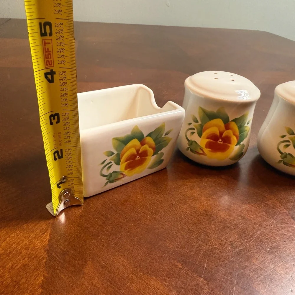 Vtg 90's Corelle Summer Blush Salt and Pepper Shaker Sugar Holder Set Pansy